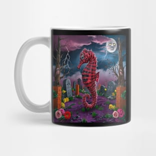 AI generated red striped seahorse in graveyard Mug